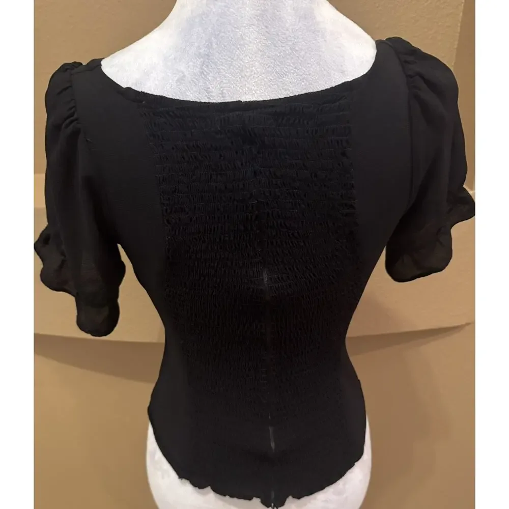 Reformation Delevan Puff Sleeve Crepe Top Black Women's Size 2